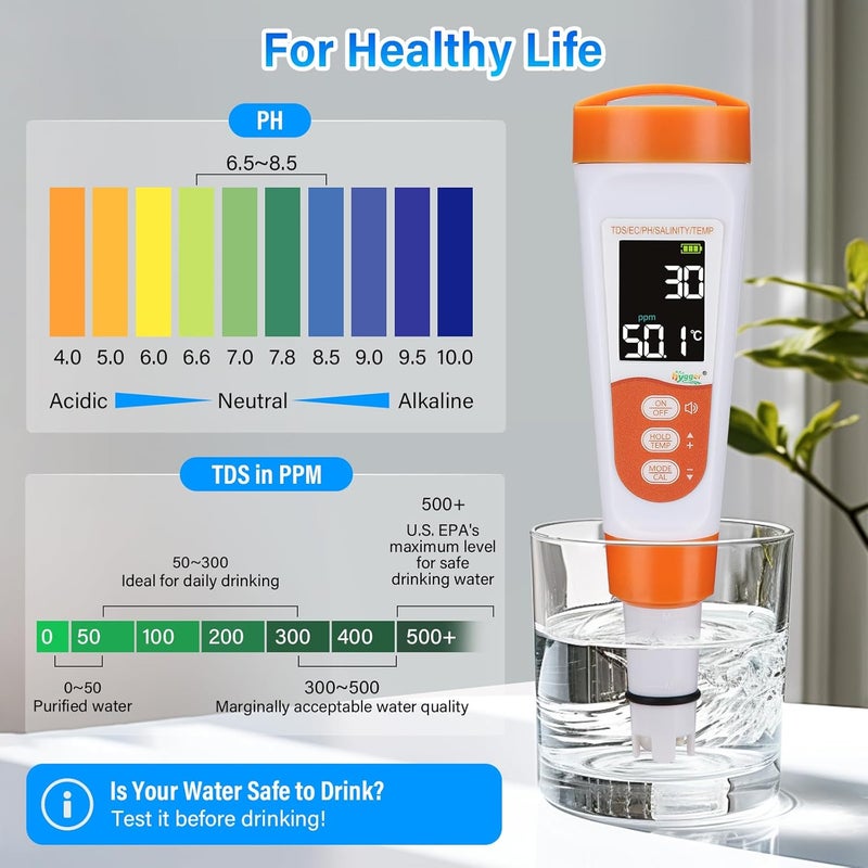 Hygger Pool Salt Tester & PH Meter, 5-in-1 Digital Pool Water Tester, High Accuracy Salinity PH Temp EC and TDS Saltwater Pool Test Kit for Aquarium Swimming Pool Hot Tub and Swim Spas - Image 3